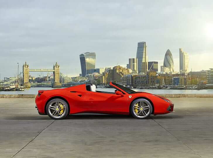 a red sports car parked on a concrete surface with a city in the background, Car Hire in London