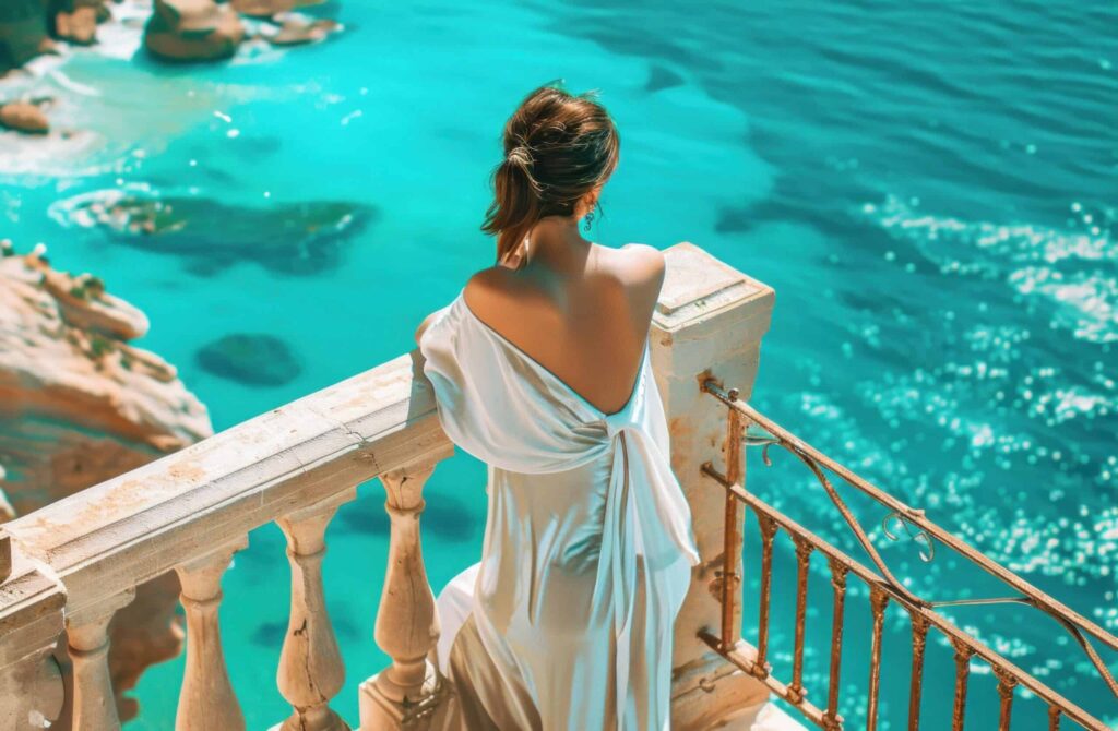 a woman in a white dress sitting on a balcony overlooking turquoise 