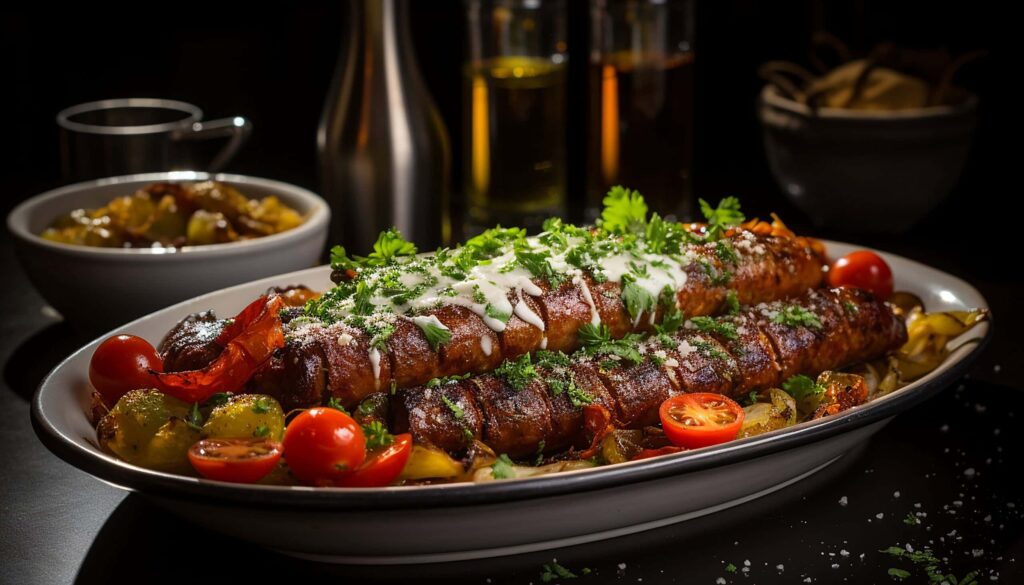 Food in Germany. Grilled meat skewers on wooden plate, healthy summer picnic snack