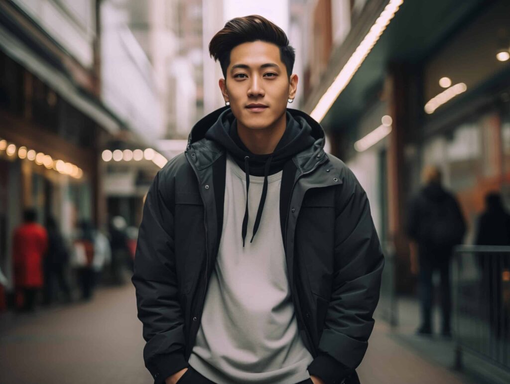 Handsome young asian man in a black jacket and white T-shirt in the city. WHAT TO WEAR IN JAPAN