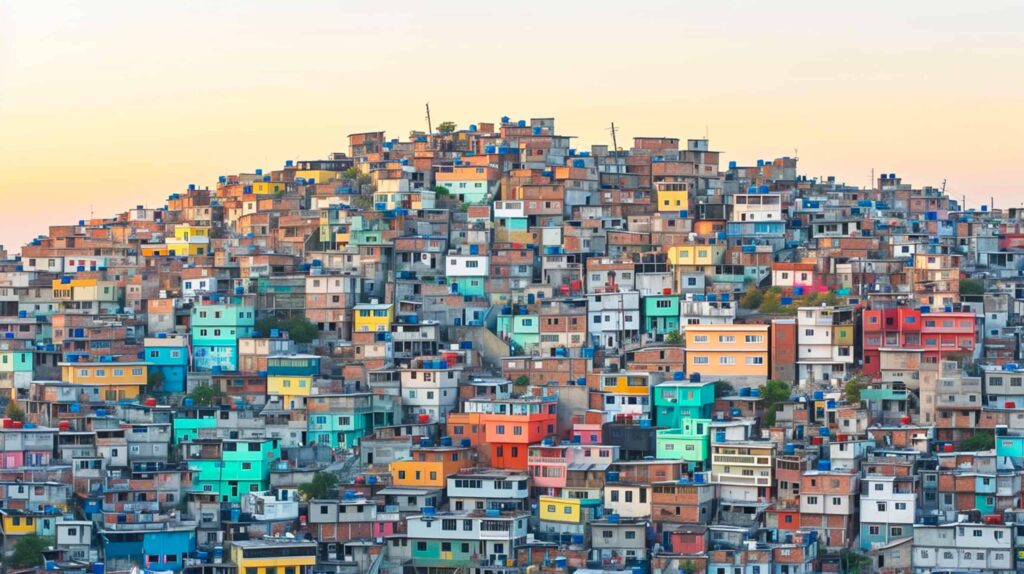 image shows densely populated hillside covered in buildings,The larger buildings stand prominently amidst smaller structures. Safest Cities in South America