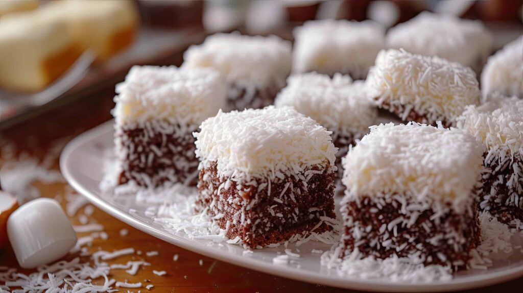 Lamingtons, sponge cake with chocolate and coconut.Best of Australian Food.