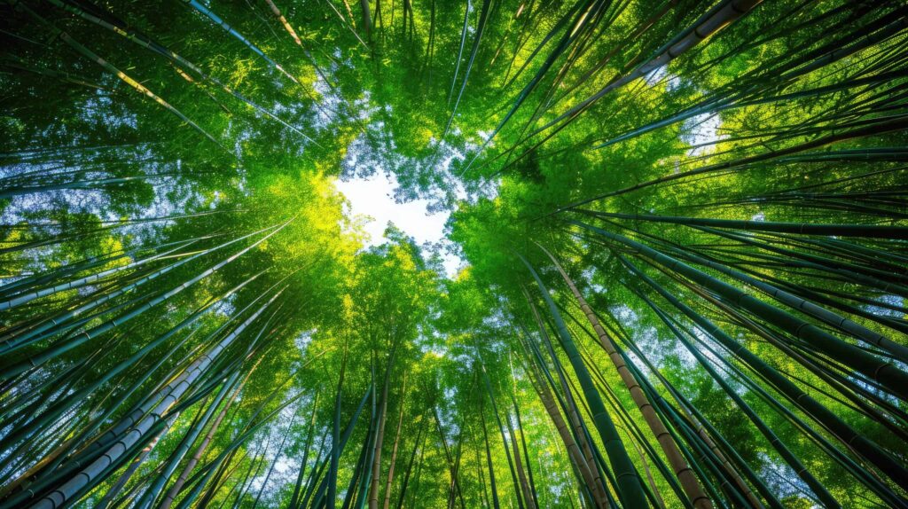 Low angle view of trees growing in bamboo grove. Things to Do in Kyoto Japan