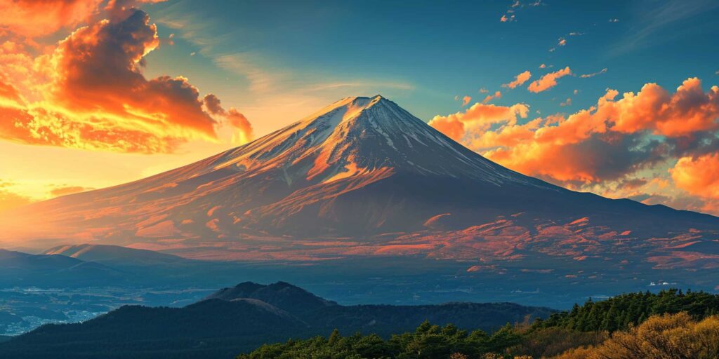 Mt. Fuji, mount Fuji-san tallest volcano mountain in Tokyo, Japan. Snow capped peak, conical sacred symbol, purple, orange sunset nature landscape backdrop background wallpaper, travel destination. Most Beautiful Places in Japan