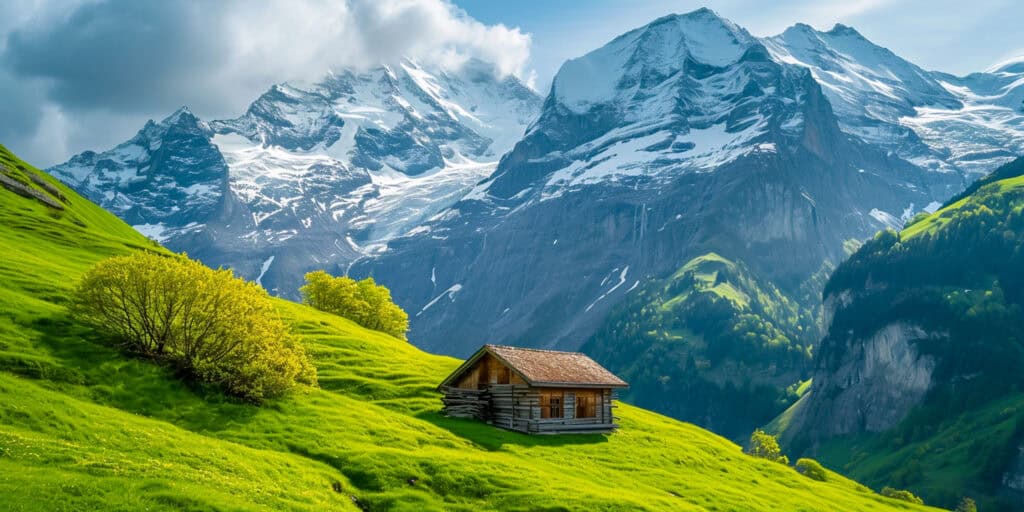 
A wood barn in a green field surrounded by green in a forest