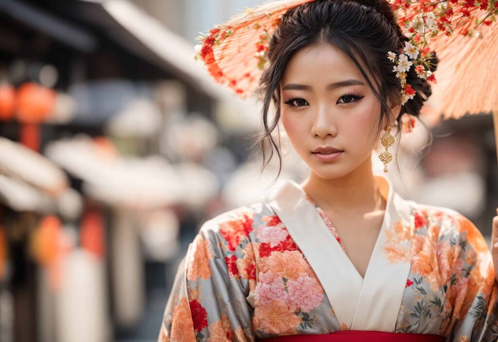 Portrait of a beautiful Japanese girl, flower. WHAT TO WEAR IN JAPAN