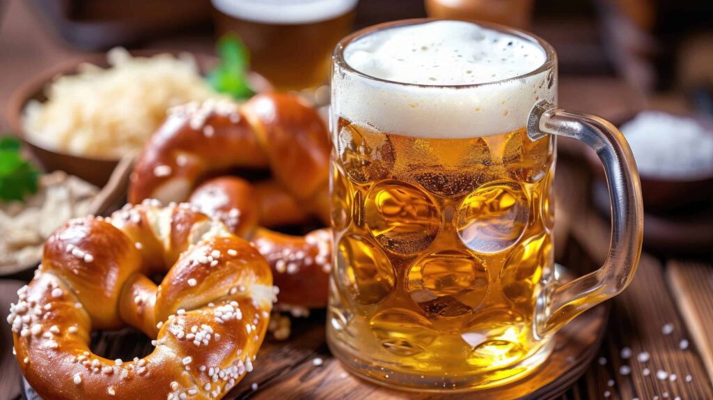 Soft pretzel and bavarian white sausage weisswurst made from minced veal and pork back bacon, mug with beer, crauti or sauerkraut, mustard.Food in Germany