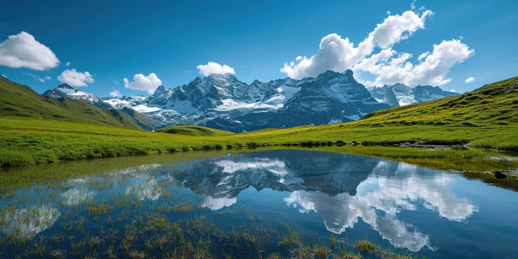 Swiss Alps mountain range with lush forest valleys and meadows, countryside in Switzerland landscape