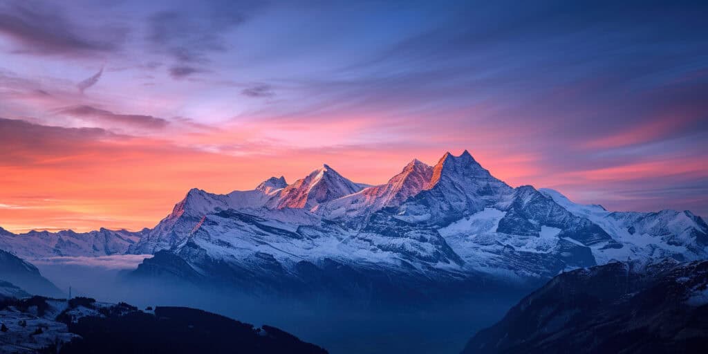 Swiss Alps snowy mountain range with valleys and meadows, countryside in Switzerland landscape