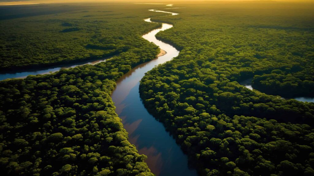 Tropical river flow through the jungle forest at sunset or sunrise. Amazon river flowing in rainforest, drone view. Rivers in South America