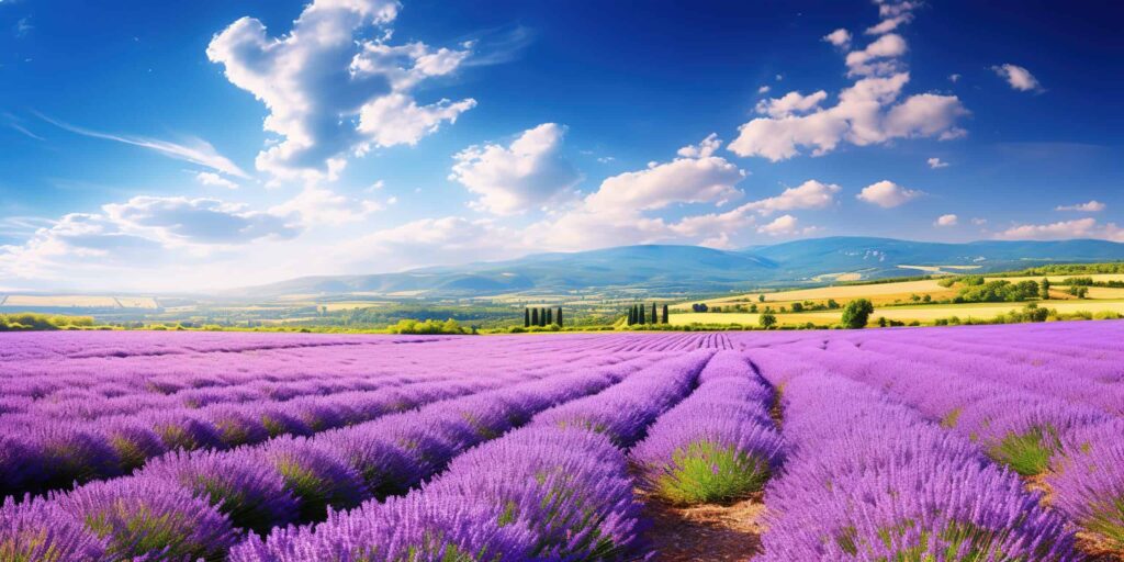 Wonderful scenery amazing summer landscape of blooming lavender flowers. Most Beautiful Places in Japan.