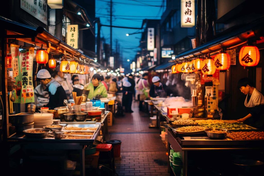 a bustling Japanese street food market. Things to Do in Kyoto Japan