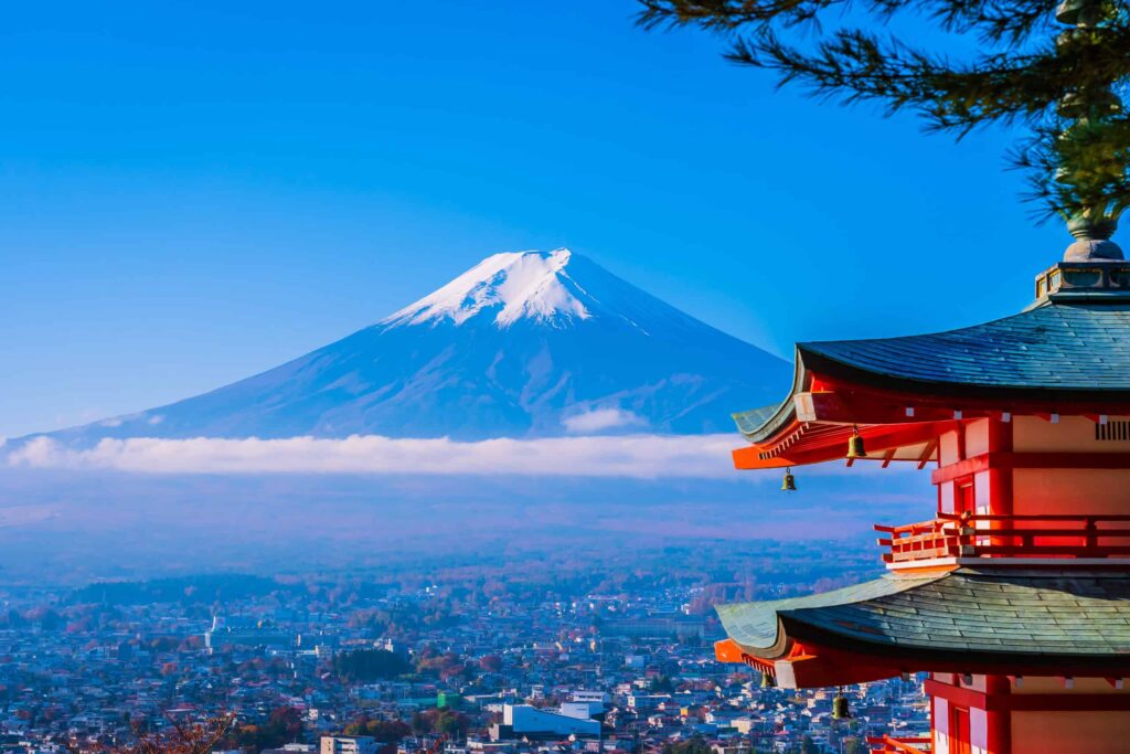 Beautiful landscape of mountain fuji with chureito pagoda around maple leaf tree in autumn season at Yamanashi Japan