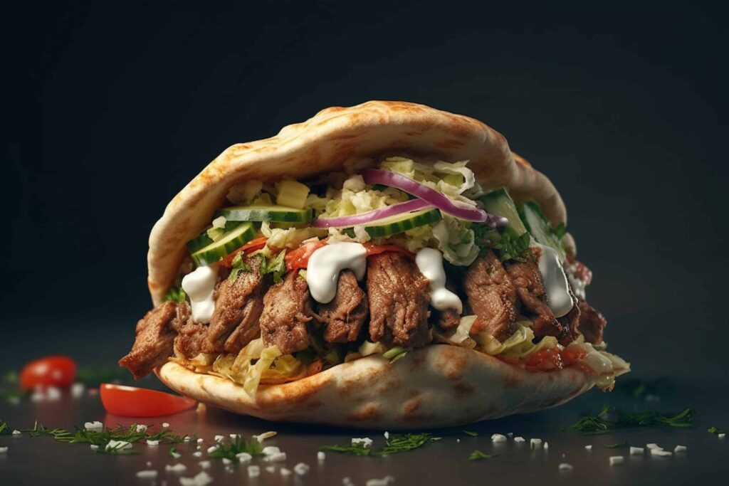 Doner kebab on a pita bread on a dark background. Food in Germany