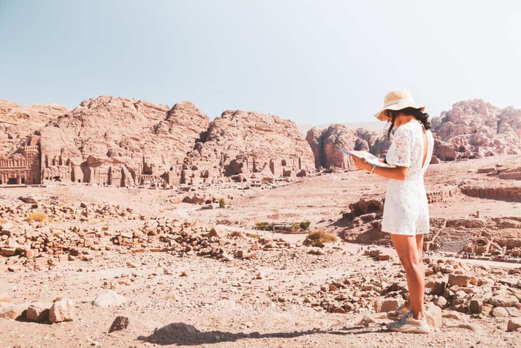 vecteezy fashionable caucasian woman tourist read map plan 14790035