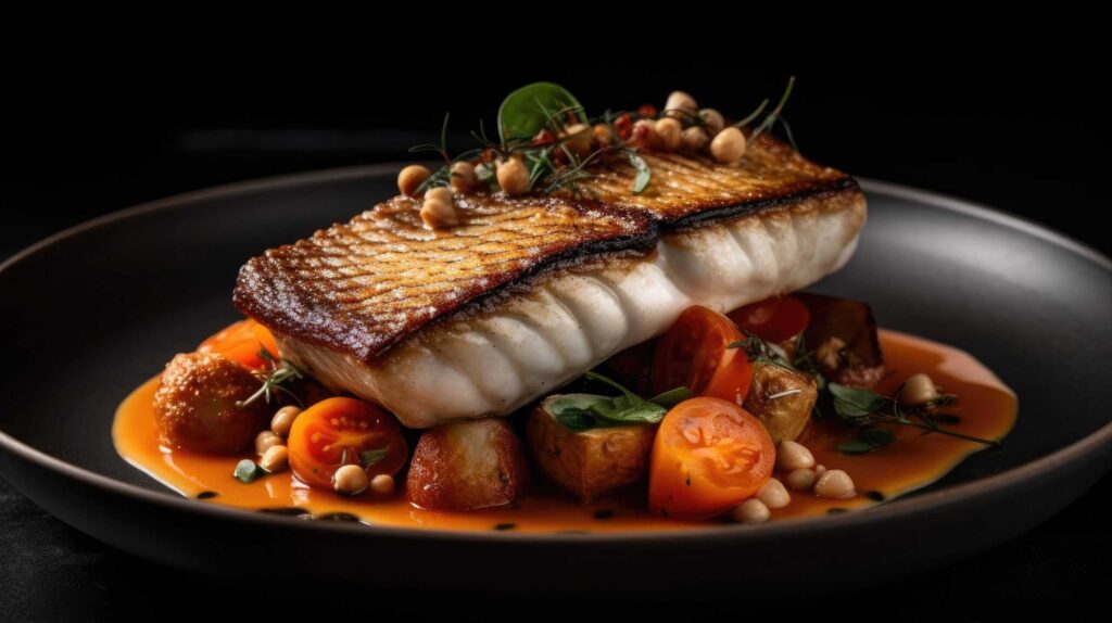 food photo of acqua pazza barramundi with blur background complete composition.  Best of Australian Food.