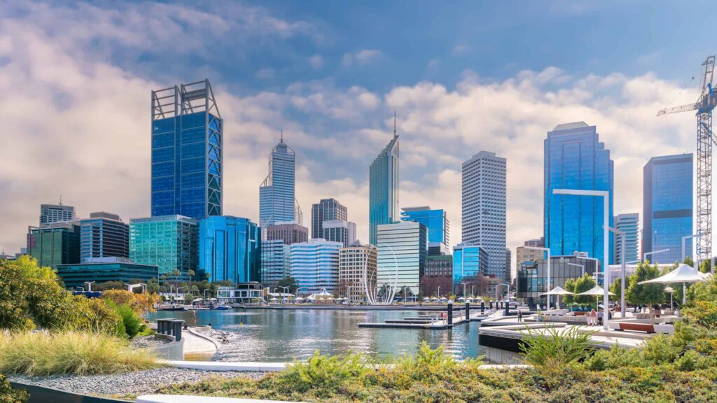 Perth downtown city skyline cityscape of Australia with blue sky.Things to Do in Perth Australia