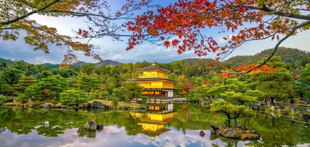 Autumn view of The Golden Pavilion of Kinkaku-ji temple in Kyoto, Japan. Most Beautiful Places in Japan