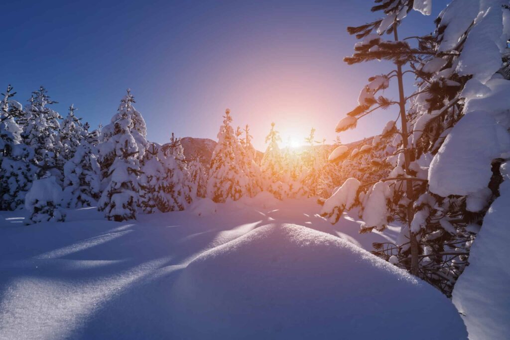 winter landscape with fresh snow covered forest and mountains on sunrise. The word "snow" written on the snow in sunny weather. Winter and cold weather concept.Does It Snow in Australia?