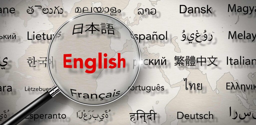 Magnifying glass with Word of English and Several important languages on paper with world map background.Words cloud, Translate, and languages education concept.What Languages Are Spoken in Australia  