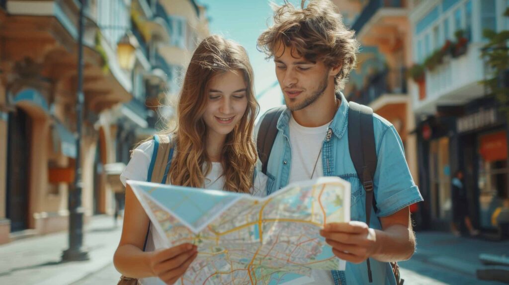 Young couple tourist with map on the streets of the city. Planning the best way. Walking in town. Is Germany Safe? Insider Travel Security Tips